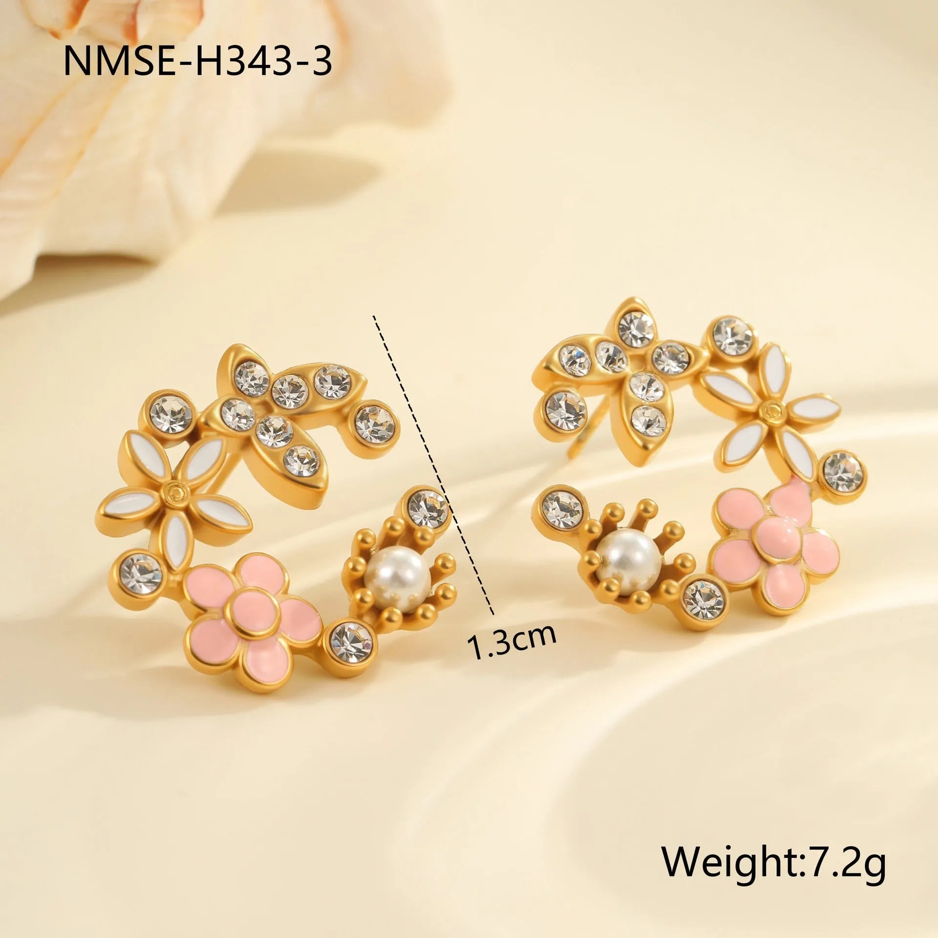 A pair of flower-shaped petal stud earrings with colourful oil finish and 18K electroplating on stainless steel.