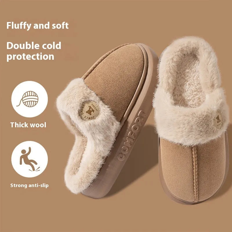 Plush fleece indoor slippers with thick PVC non-slip soles in multiple colours.