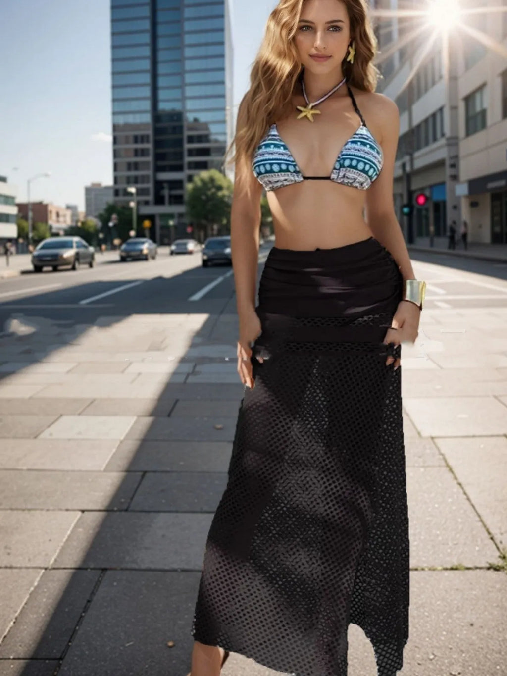 Women's brown gradient fishnet long skirt three-piece bikini set on a model.
