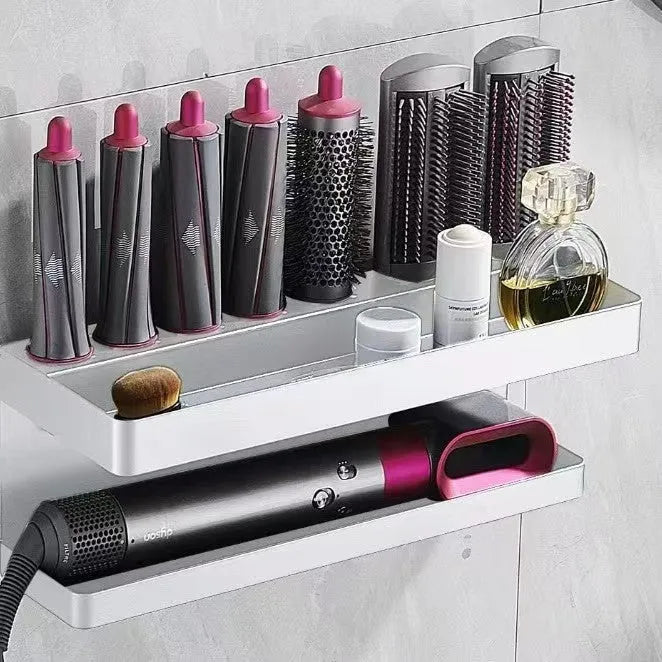 White double-layer aluminium bathroom storage rack with adhesive mounting for Marcel waver organisation