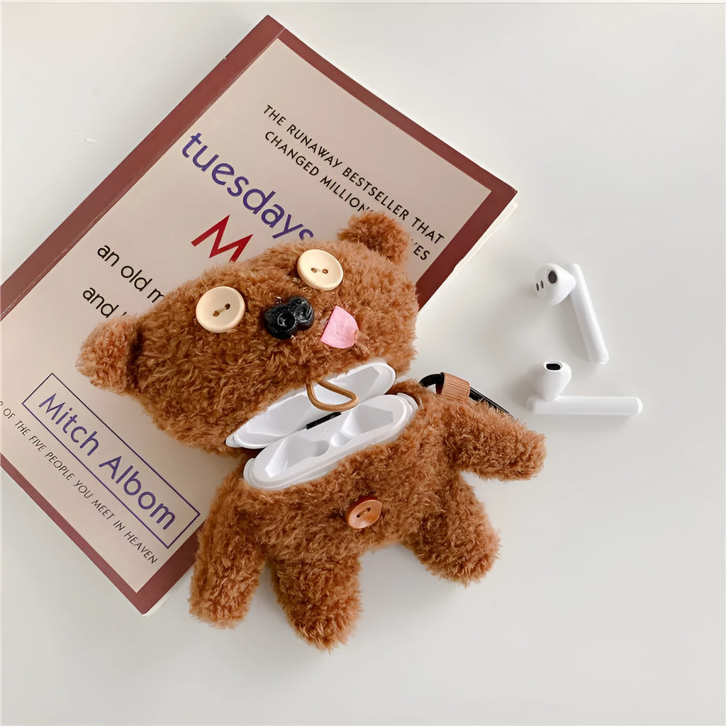 Brown plush button tongue bear earphone case flip type for AirPods and FreeBuds