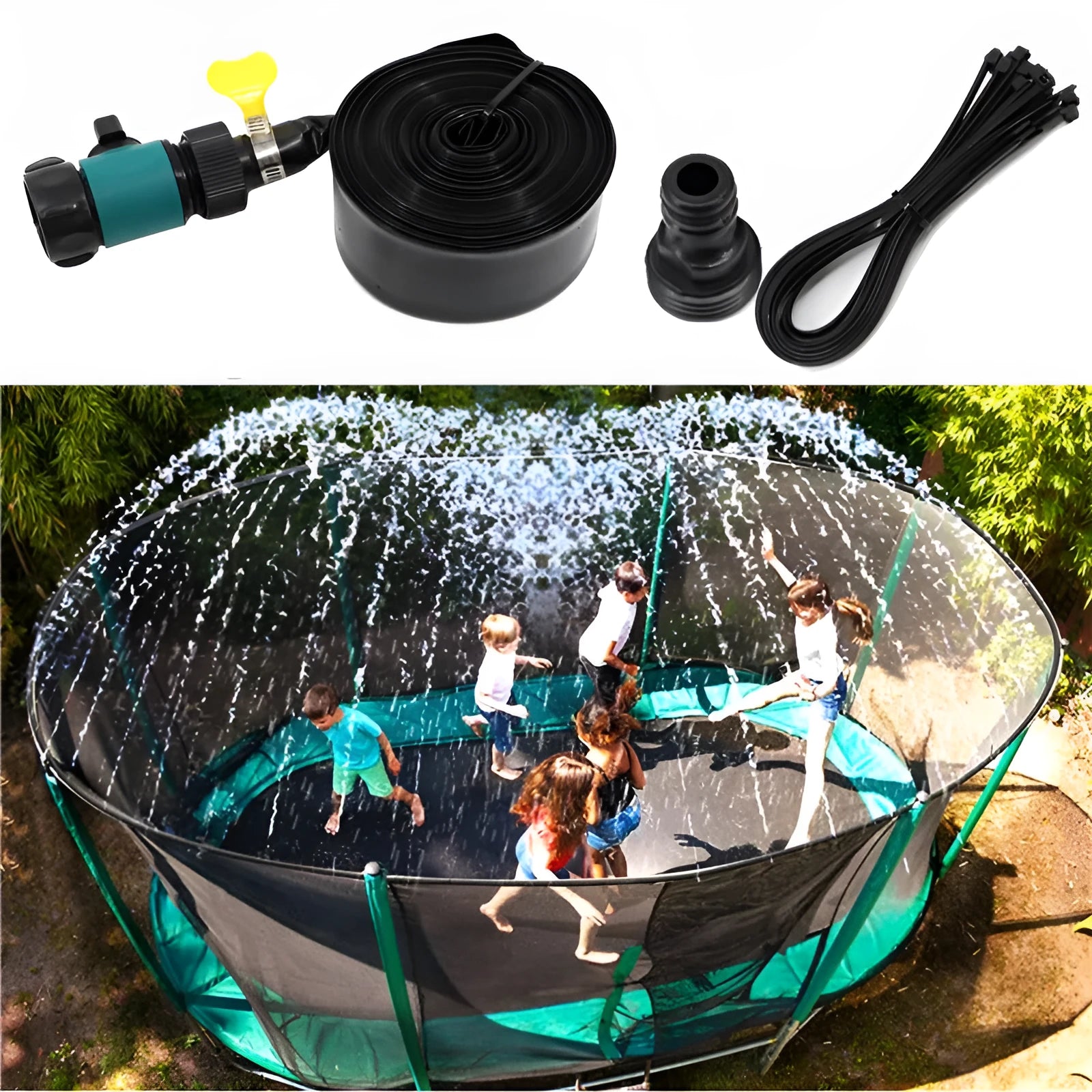 Blue and orange portable PVC garden sprinkler with solar water cooling system on a lawn.