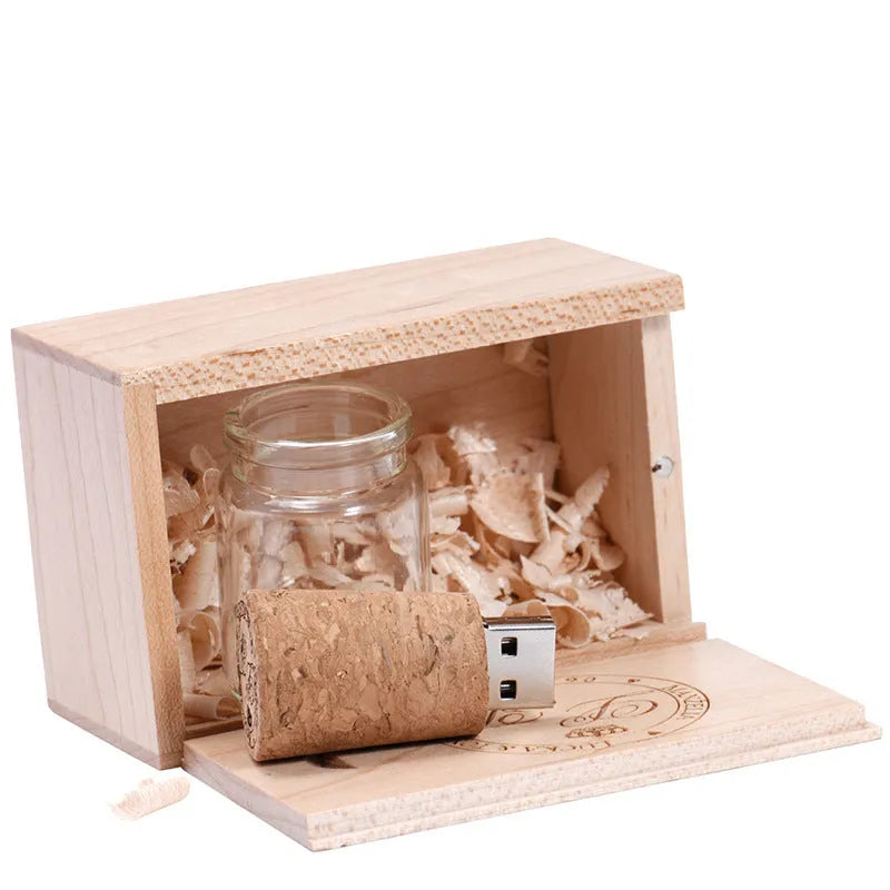 Personalised wooden USB flash drive with chocolate-brown casing showing dimensions and custom graphic option