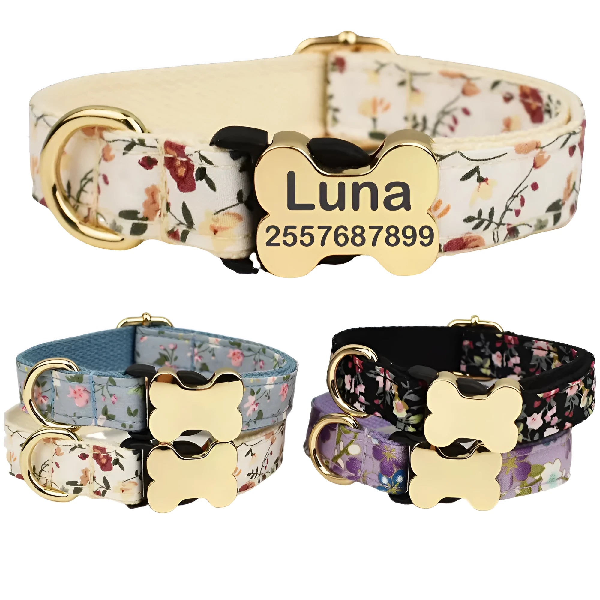 Flat nylon dog collar with grid pattern print and bone-shaped buckle in adjustable sizes