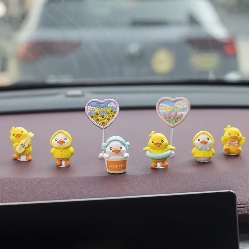 PVC duckling car interior decoration set with 6 cartoon duck figures and 1 sign label