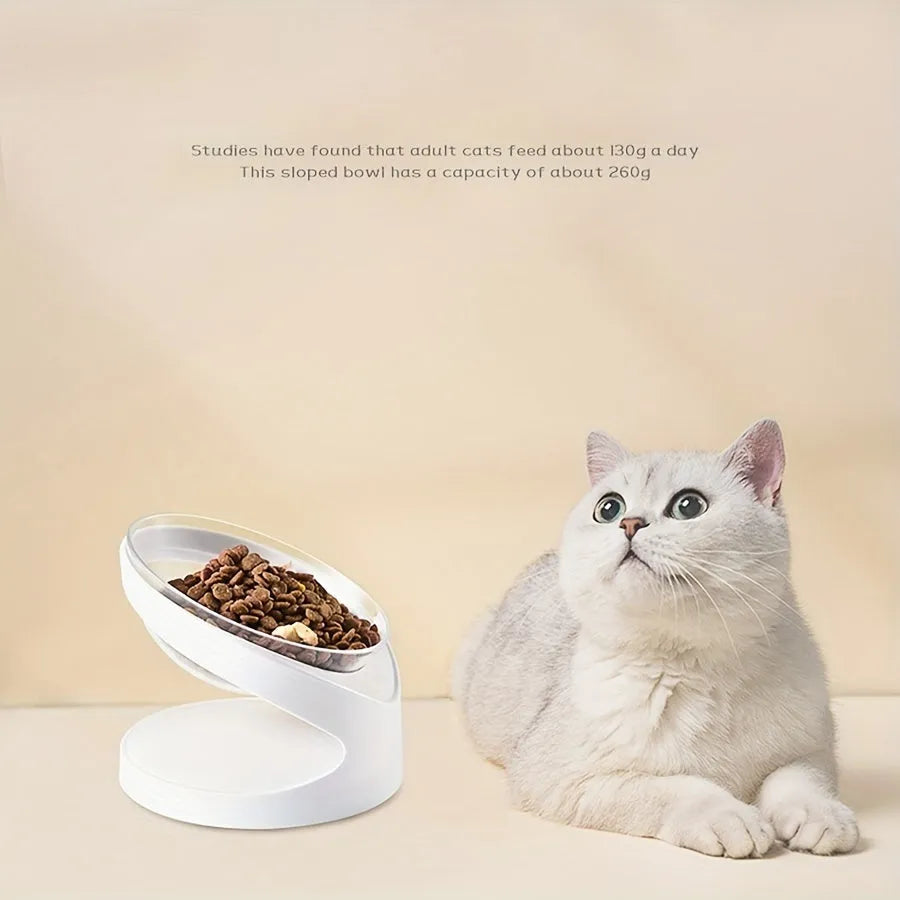 White elevated plastic cat bowl with anti-vomit tilt design