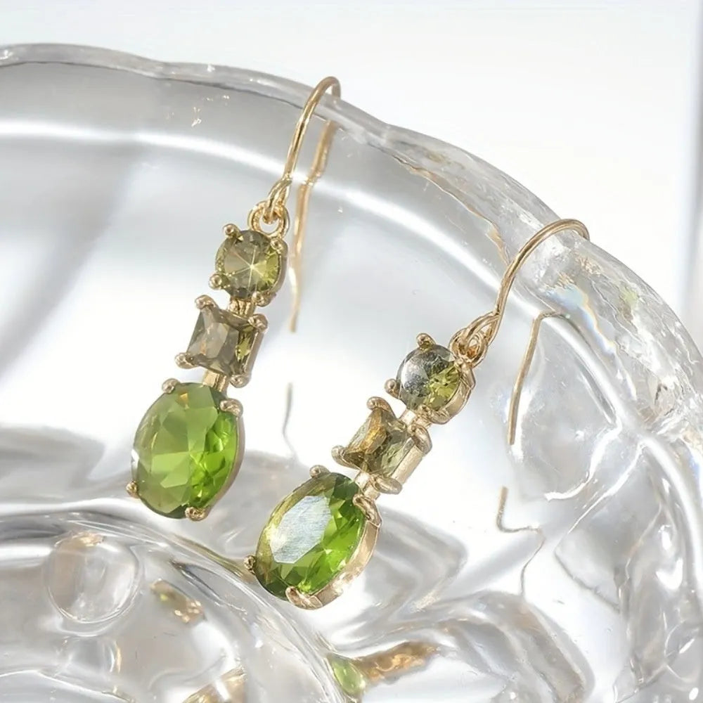 Green geometric copper earrings with quadrilateral shape in retro bohemian style
