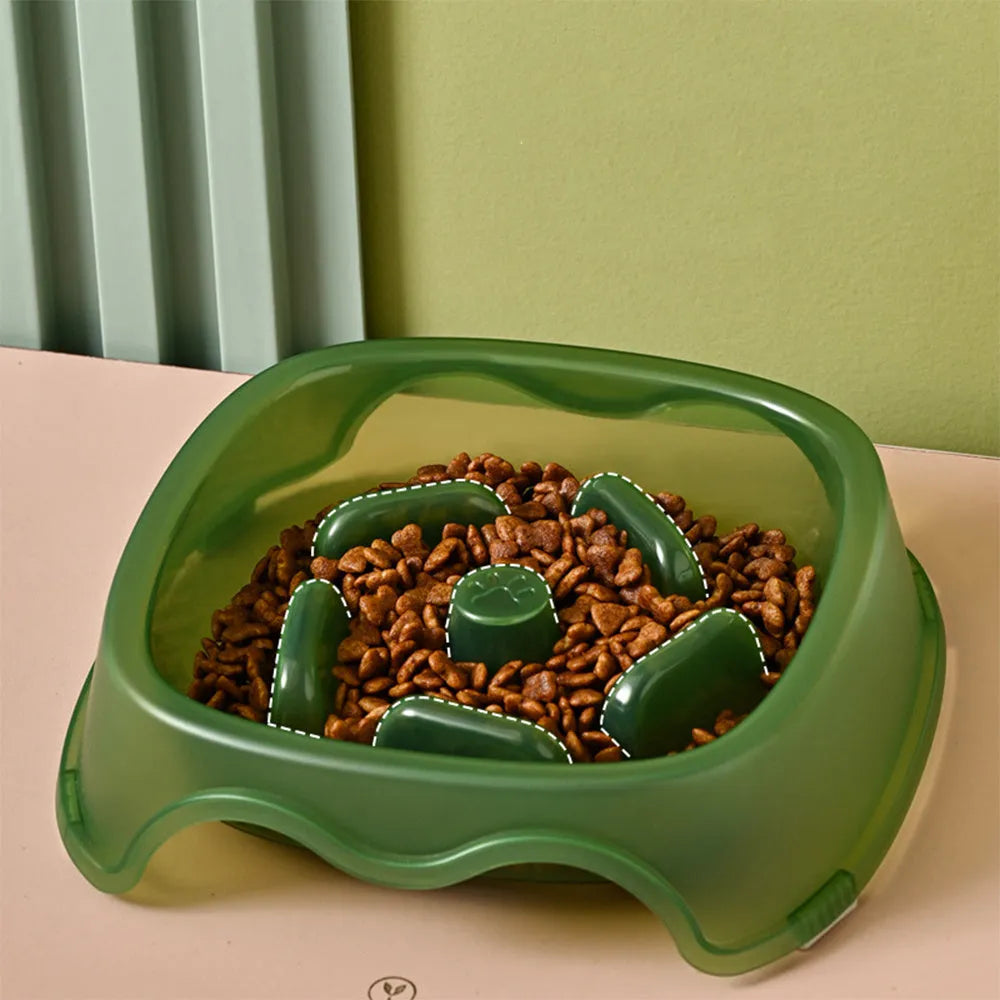 Slow feeder anti-choking dog bowl with maze pattern in blue, grey, green, or orange colour options