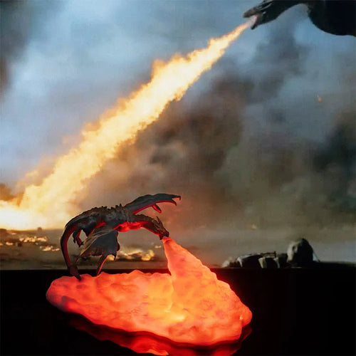 3D printed dragon-shaped night light with red breathing LED glow on a dark surface
