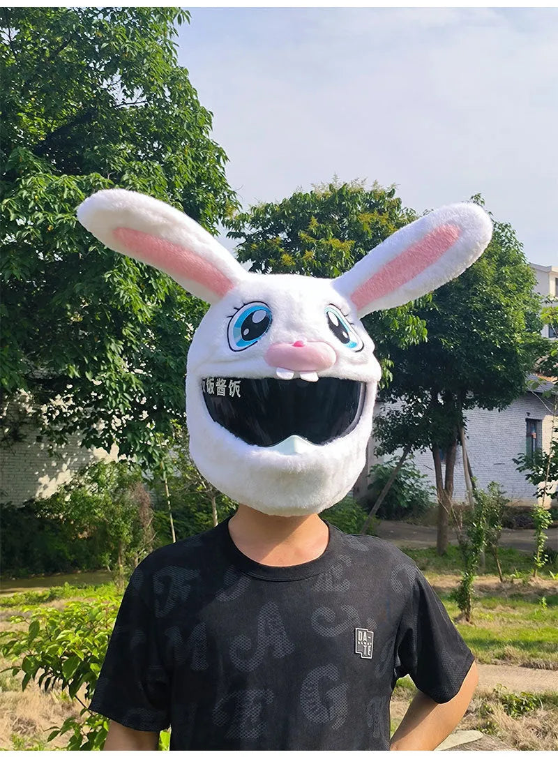 White rabbit helmet cover with long ears for electric motorcycle protection