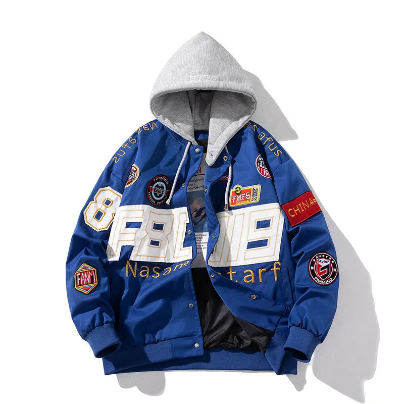Black American motorcycle-style loose-fit baseball jacket with side pocket, shown with detachable hood.