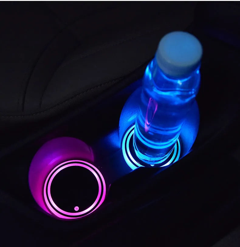Car cup holder LED light-up coaster showing 7-colour illumination in automotive drink holder