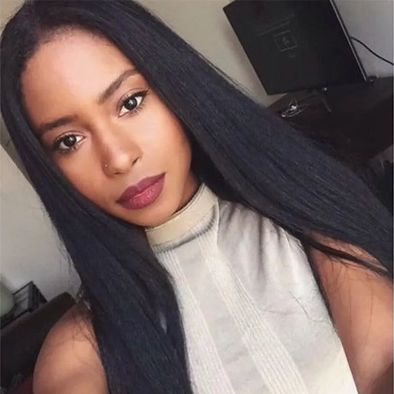 Women's long straight black wig with centre-parted bangs made from high-temperature fibre.