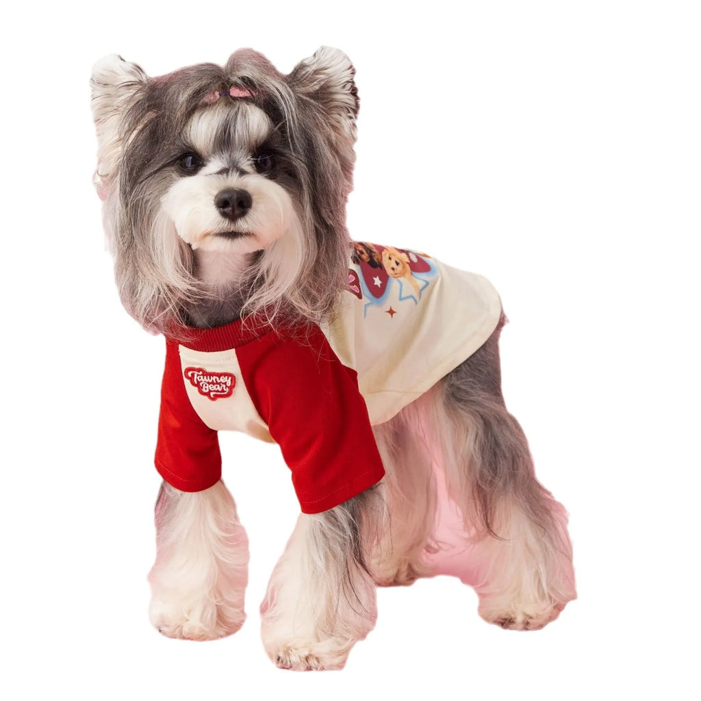 Cotton dog summer clothes in embroidered red or pink with contrast colour detailing