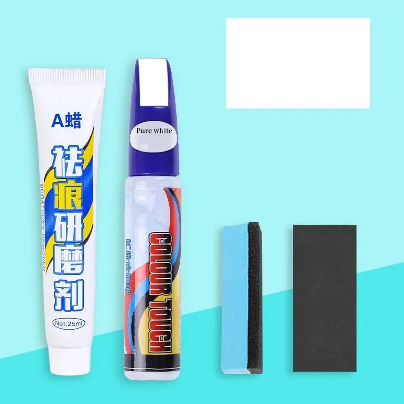 Car touch up paint pen and scratch repair kit four piece set with wax.
