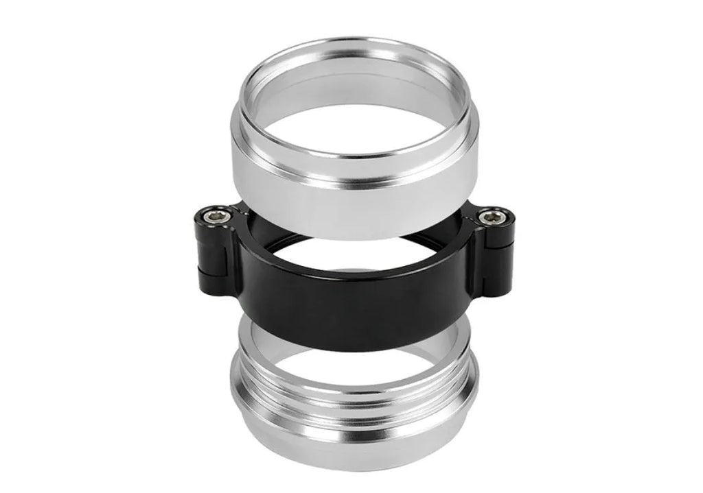 Aluminium fixed movement clamp for turbo exhaust downspouts in black, shown next to a 2.5inch and 3inch size comparison.