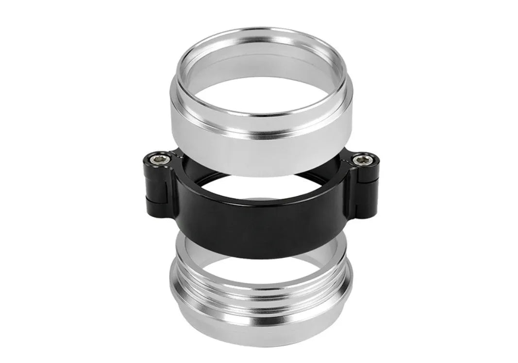 Aluminium fixed movement clamp for turbo exhaust downspouts in black, shown next to a 2.5inch and 3inch size comparison.