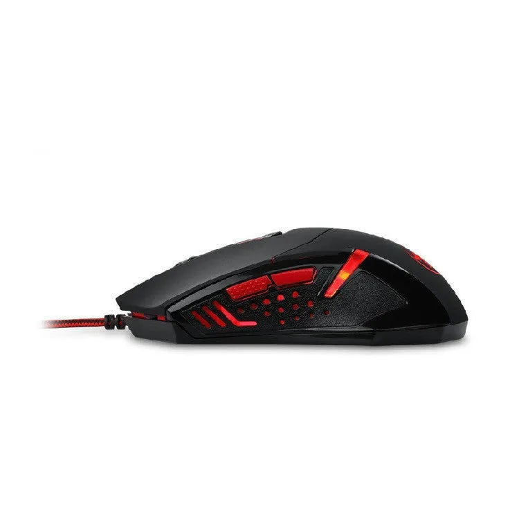 Black and red wired USB optical computer mouse with six buttons on a desk.