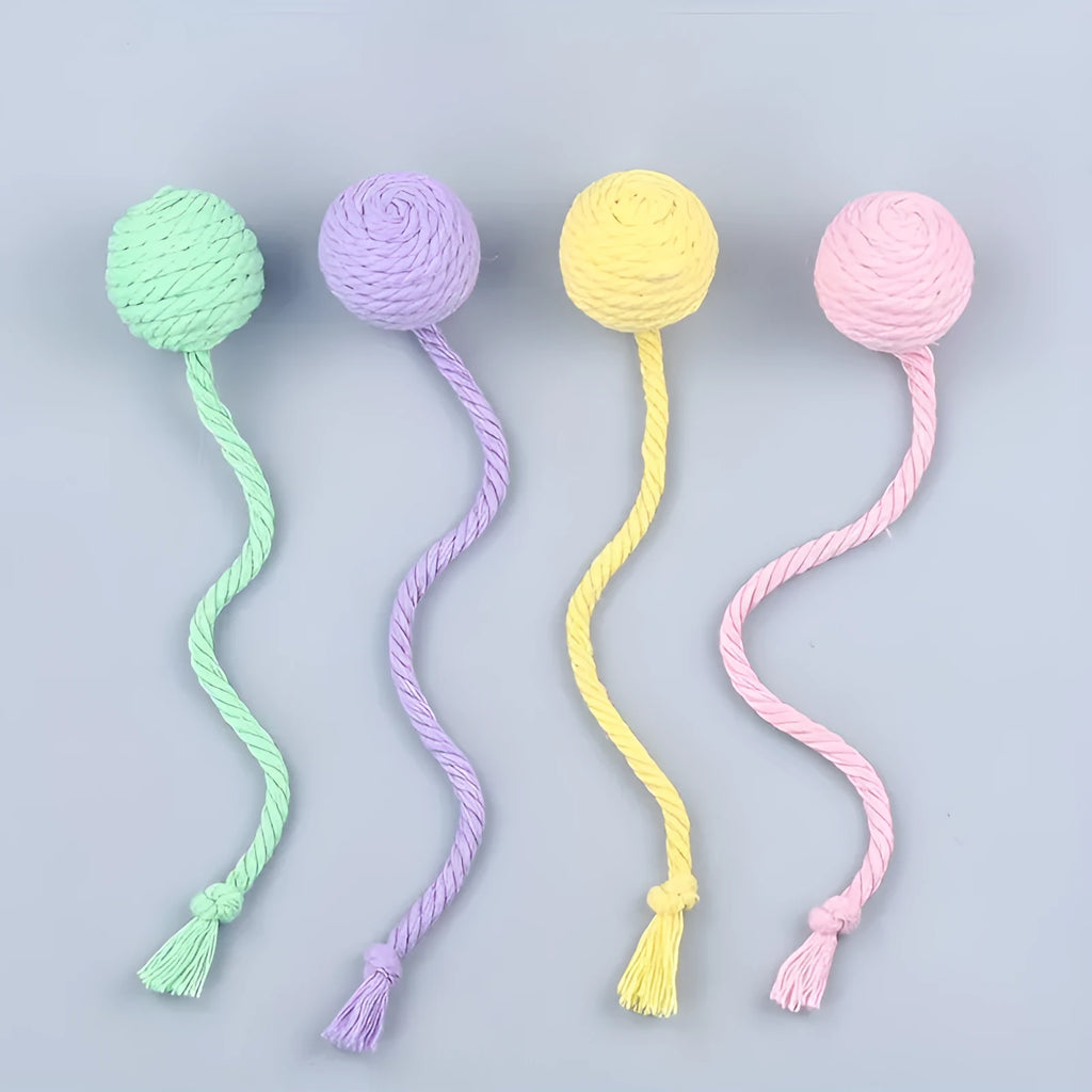 Cat toy ball with rope and built-in bell in multiple colours for kitten play