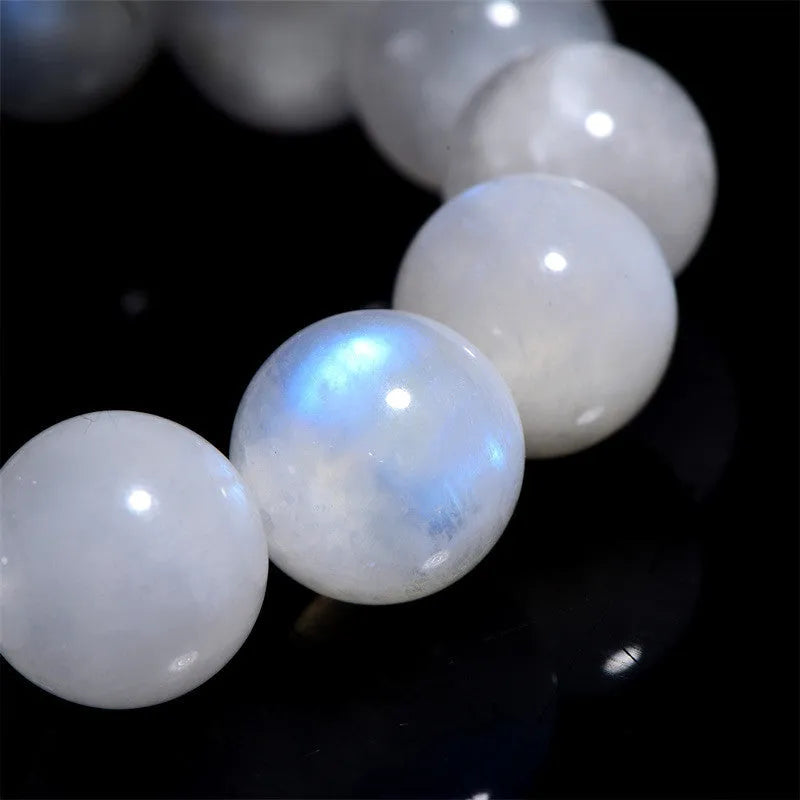 Natural blue moonlight polished moonstone round bead bracelet showing multiple diameter size options