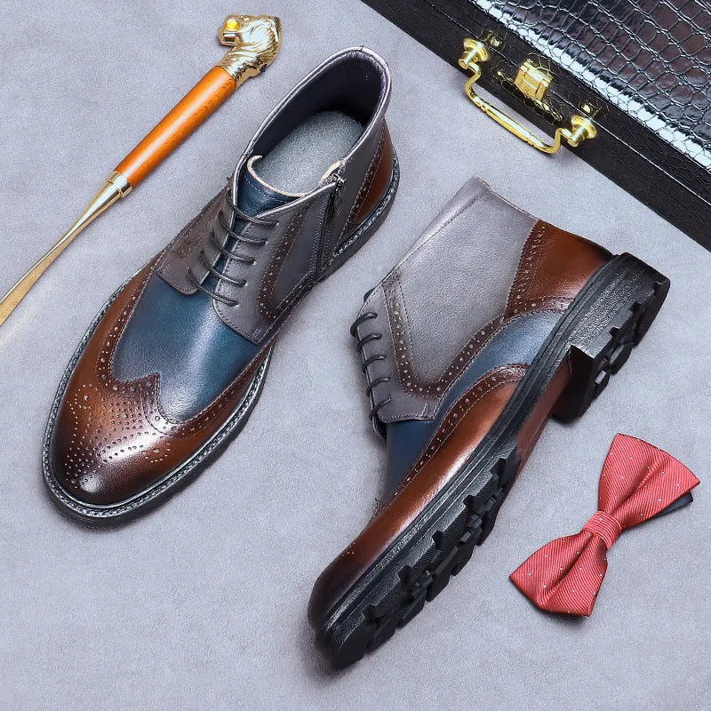 Coffee blue mens leather brogue boots with colour blocking and carved detail, shown from the side.
