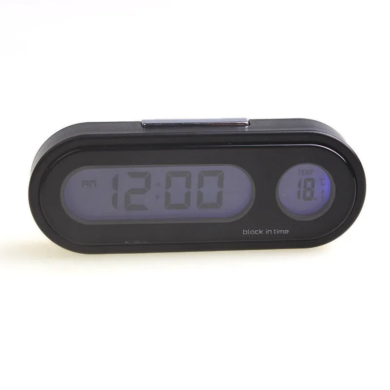 Black car digital clock thermometer with luminous display on adjustable bracket showing time and temperature