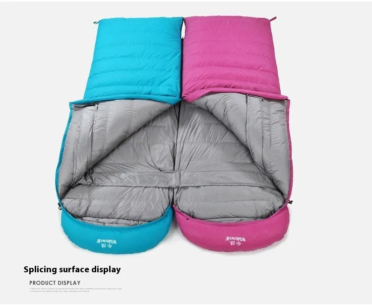 Black outdoor sleeping bag with goose down filler and tear-resistant nylon fabric shown unzipped.
