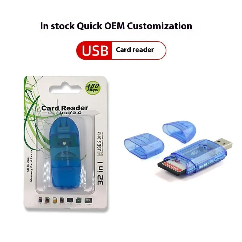 Transparent USB card reader with optional LED light on a desk next to memory cards.