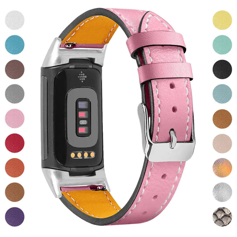 Genuine cowhide leather replacement strap for Fitbit Charge 5 and Charge 6 smartwatch in multiple colours.