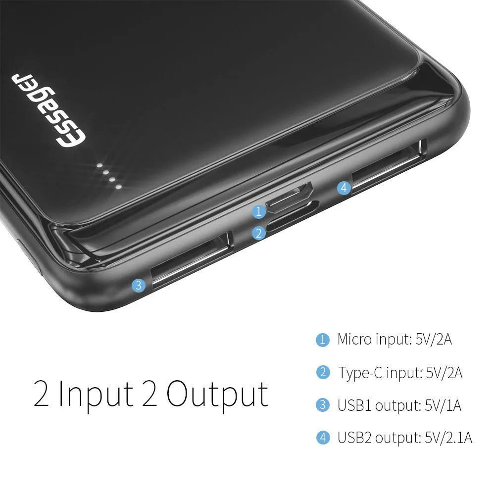 Essager Small Jane 10000mAh power bank in black or white showing dual USB ports and LED indicators