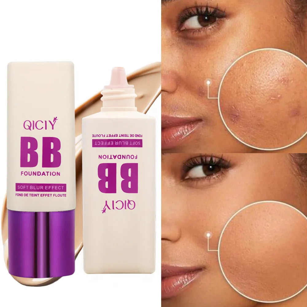 Feeding bottle of liquid foundation BB cream in one of ten available shades for brightening and concealing.