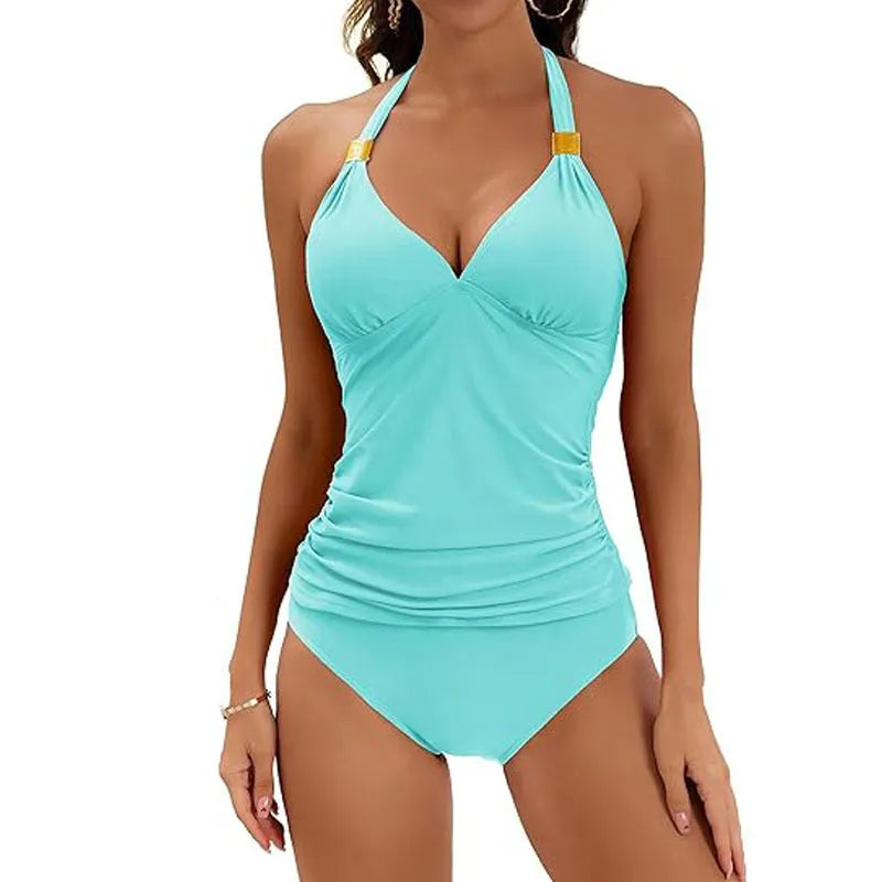 Women's halter neck two piece swimsuit with side tie details in solid colour
