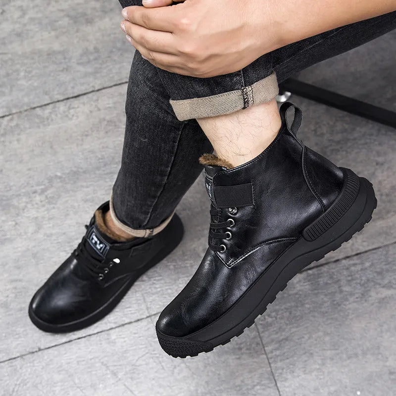 Men's black velvet platform boots with high-top design and rubber sole showing side profile