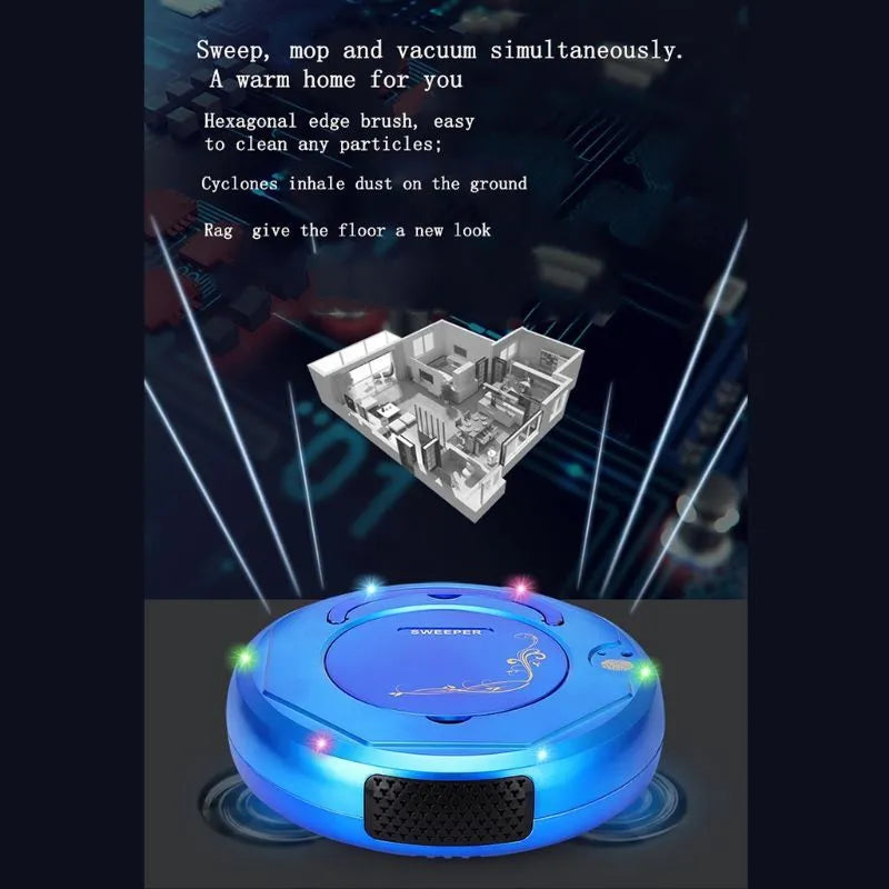 Smart floor sweeping robot vacuum cleaner in black, blue, or white colours with charging cable and cleaning attachments