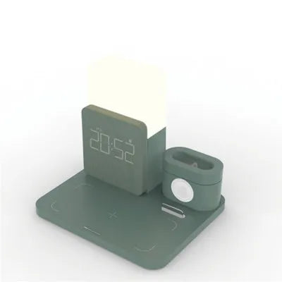 3-in-1 Qi wireless charger stand in dark green colour showing phone and smartwatch charging positions