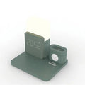3-in-1 Qi wireless charger stand in dark green colour showing phone and smartwatch charging positions
