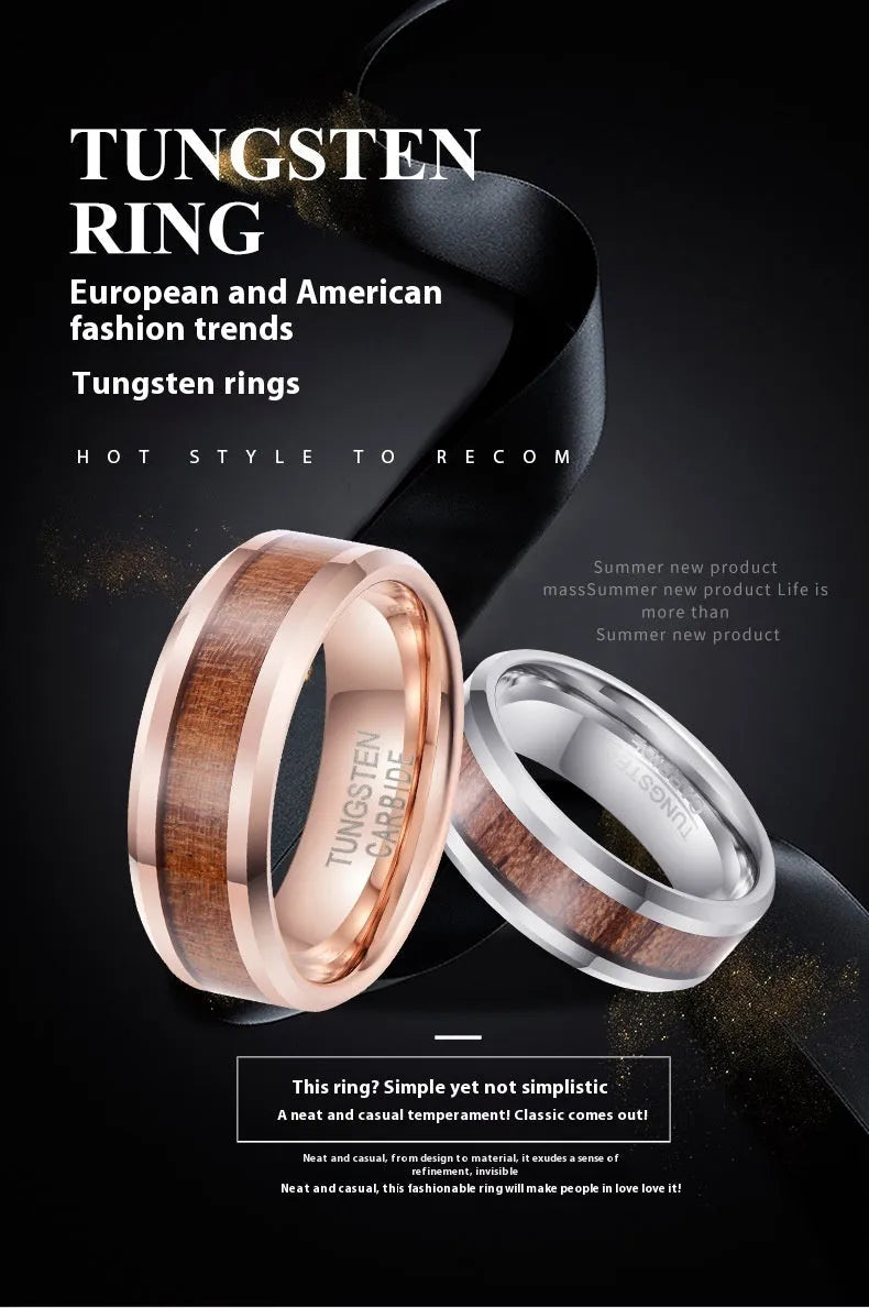 8mm hairline texture tungsten gold men's ring with U-shaped design in rose gold finish