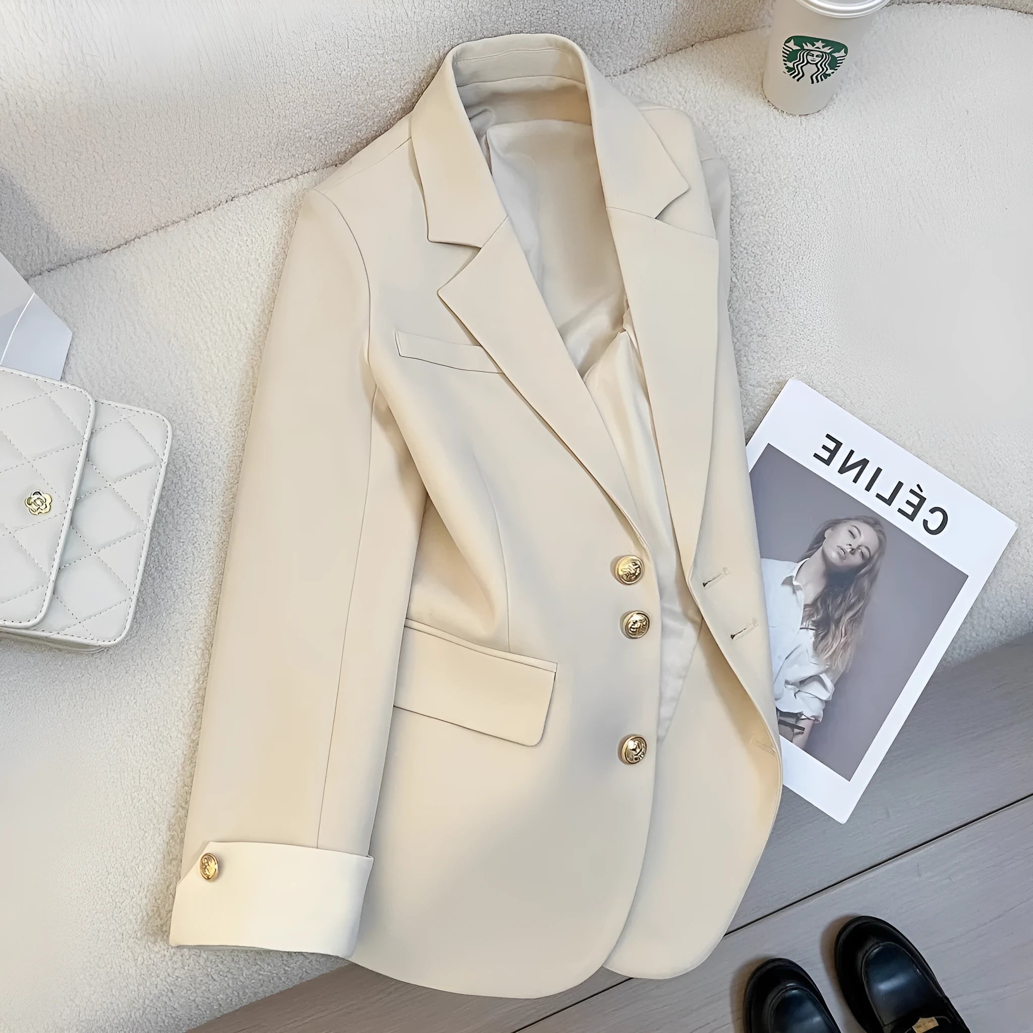 Women's milky white loose fit Korean style polyester coat with pockets