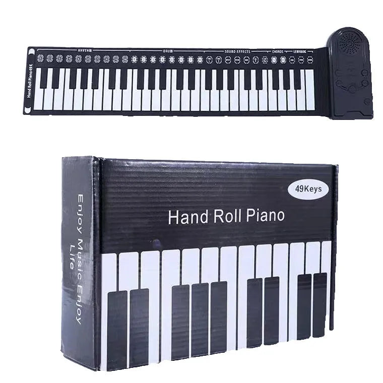 Portable folding electronic keyboard with 49 silicone rubber keys in hand roll design, shown in gloss black finish