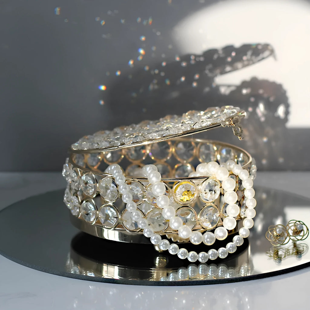 French gold metal jewelry box with transparent crystal glass lid for visible storage