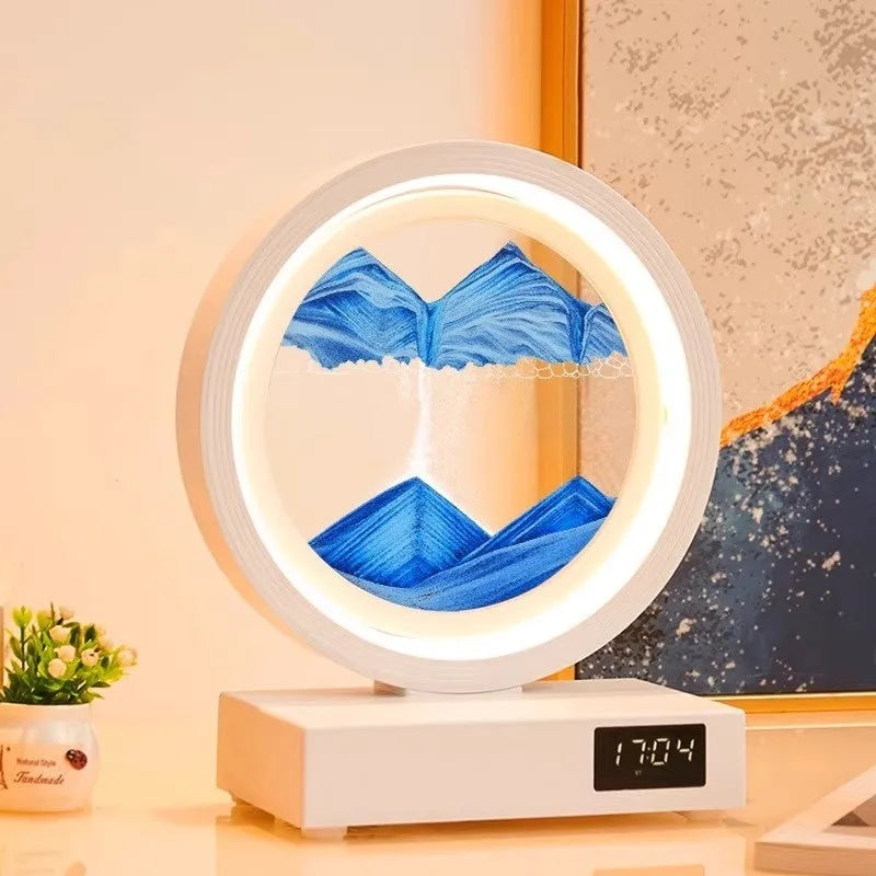 Creative quicksand painting clock night lamp with wireless charger and speaker, multiple colour options, white frame