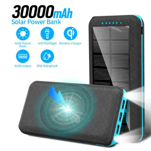 Solar power bank with wireless charging surface, three USB ports, and LED flashlight in black colour