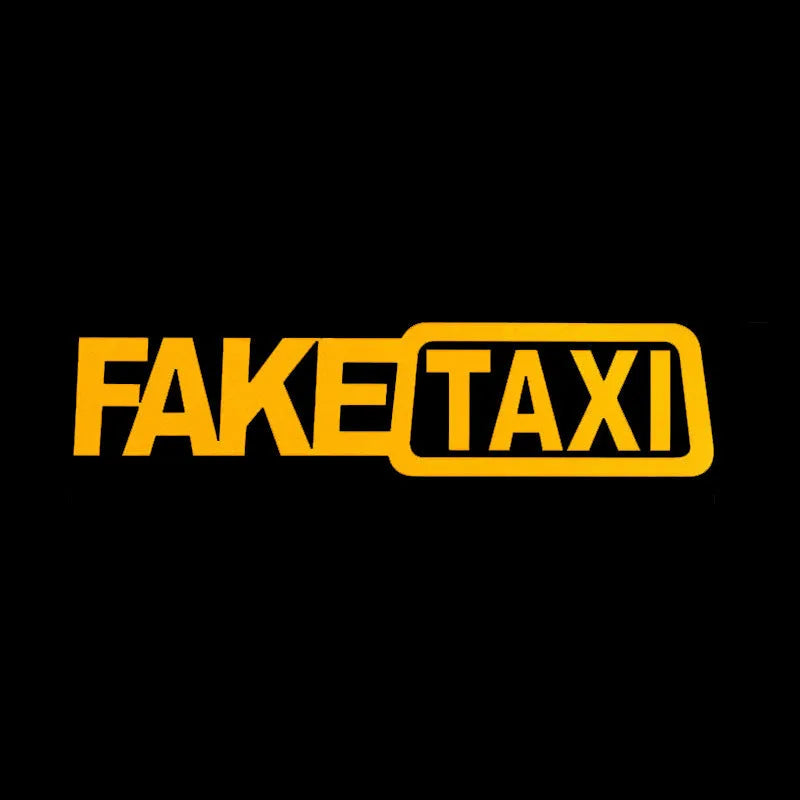 Waterproof black FAKE TAXI car sticker on a vehicle windshield, showing 20x8cm size.