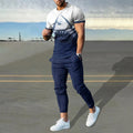 Man wearing a thin, short-sleeve polyester blend pullover and matching trousers from a sports tracksuit set.