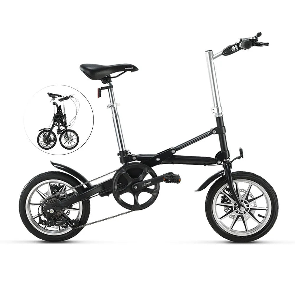 Matte black 14-inch one-second folding bicycle with dual disc brakes and carbon steel frame