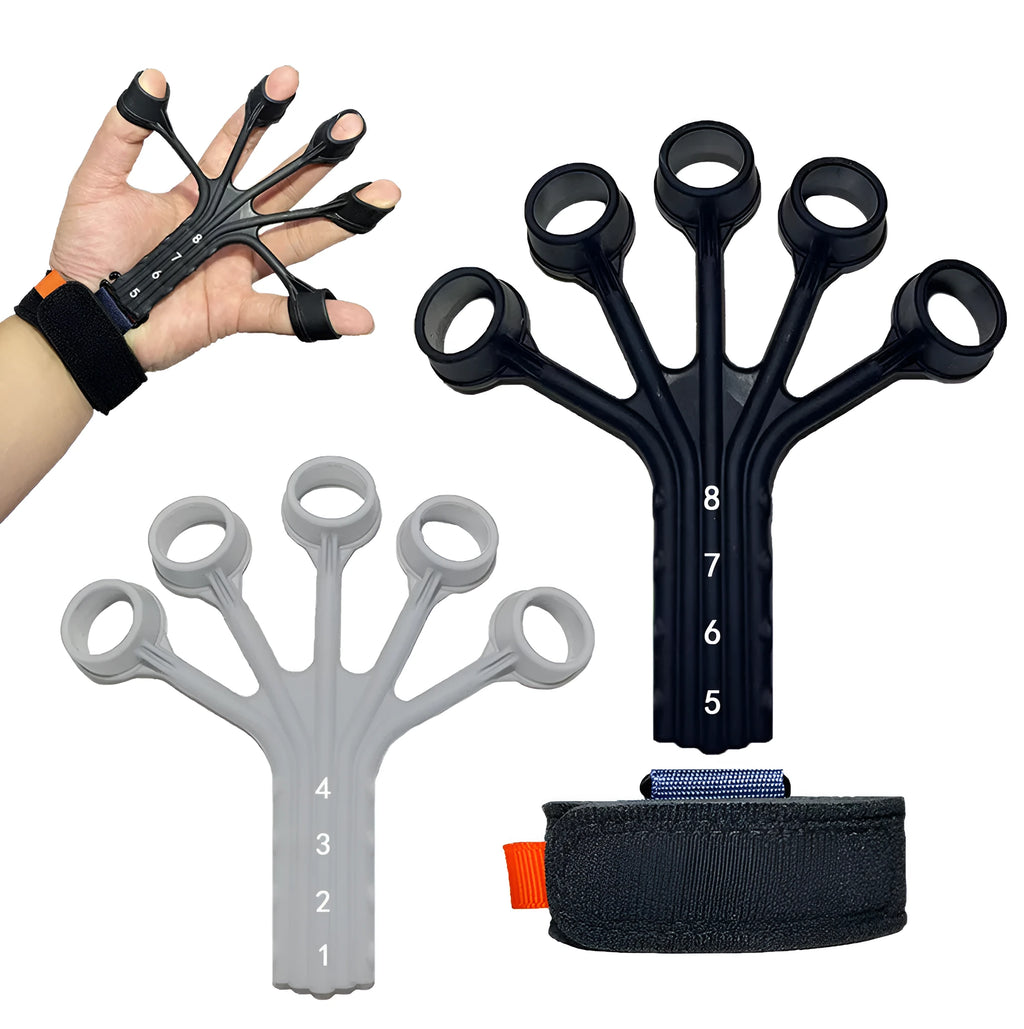 Black and grey silicone finger trainer tension rope with adjustable belt for rehabilitation.