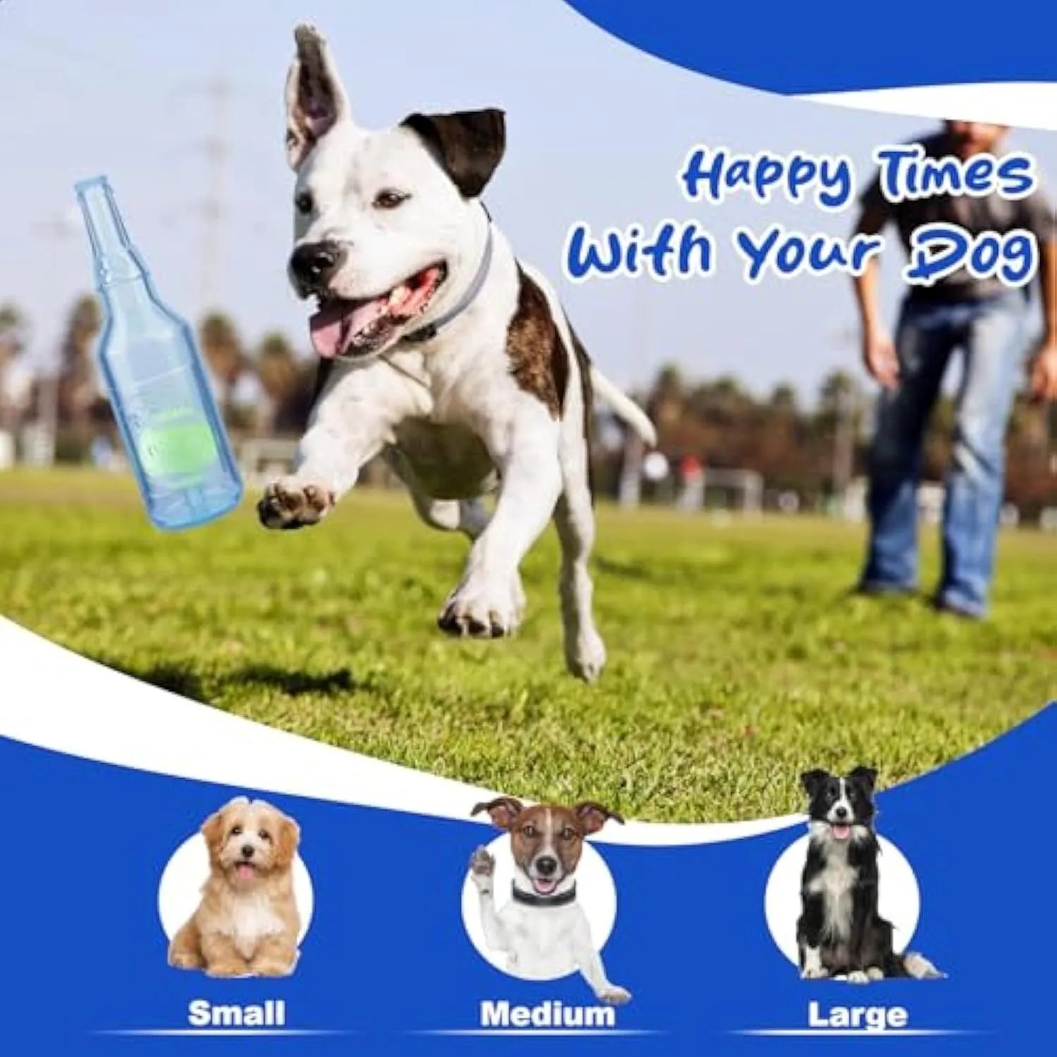 Blue natural rubber dog toy shaped like a water bottle with a squeaker tail.