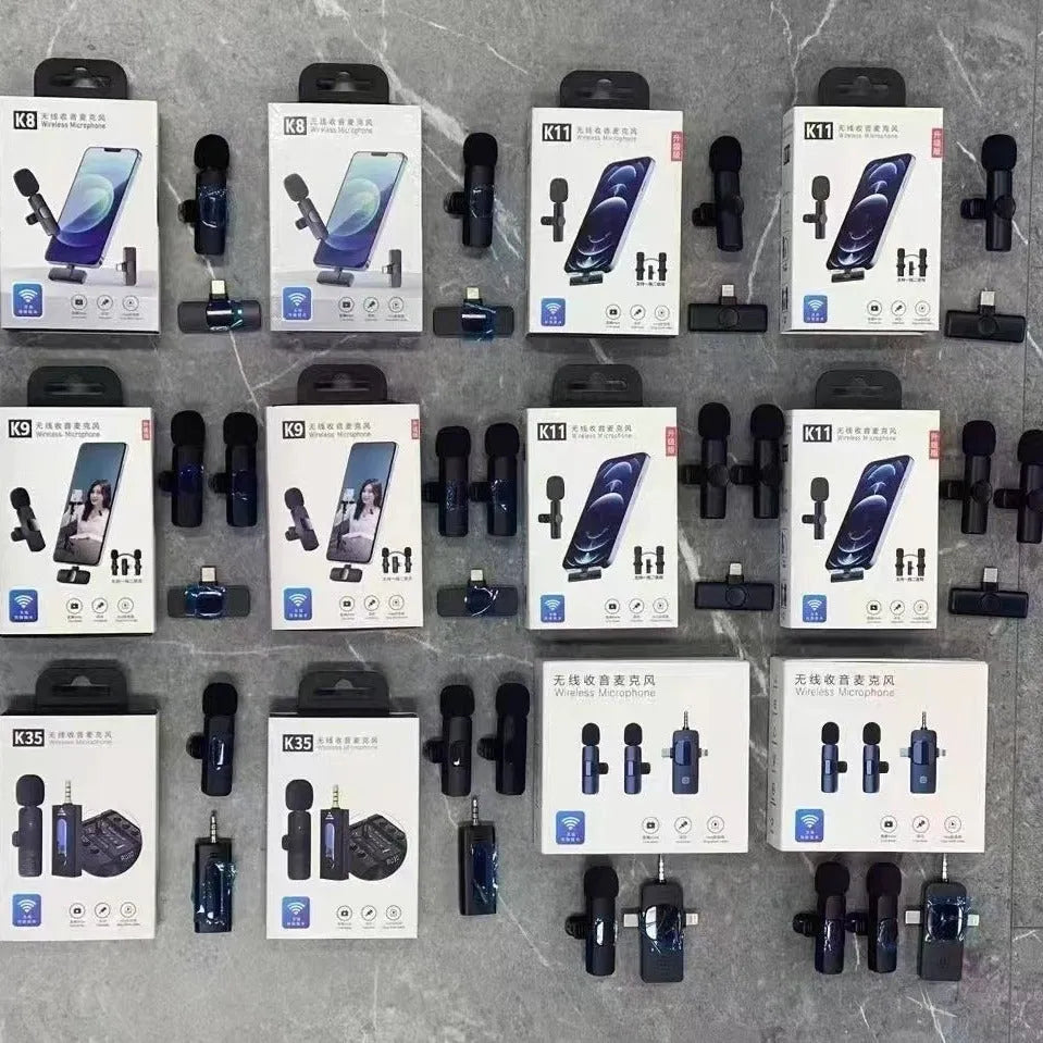 Wireless collar clip microphone for smartphones, showing clip design and available connection options.