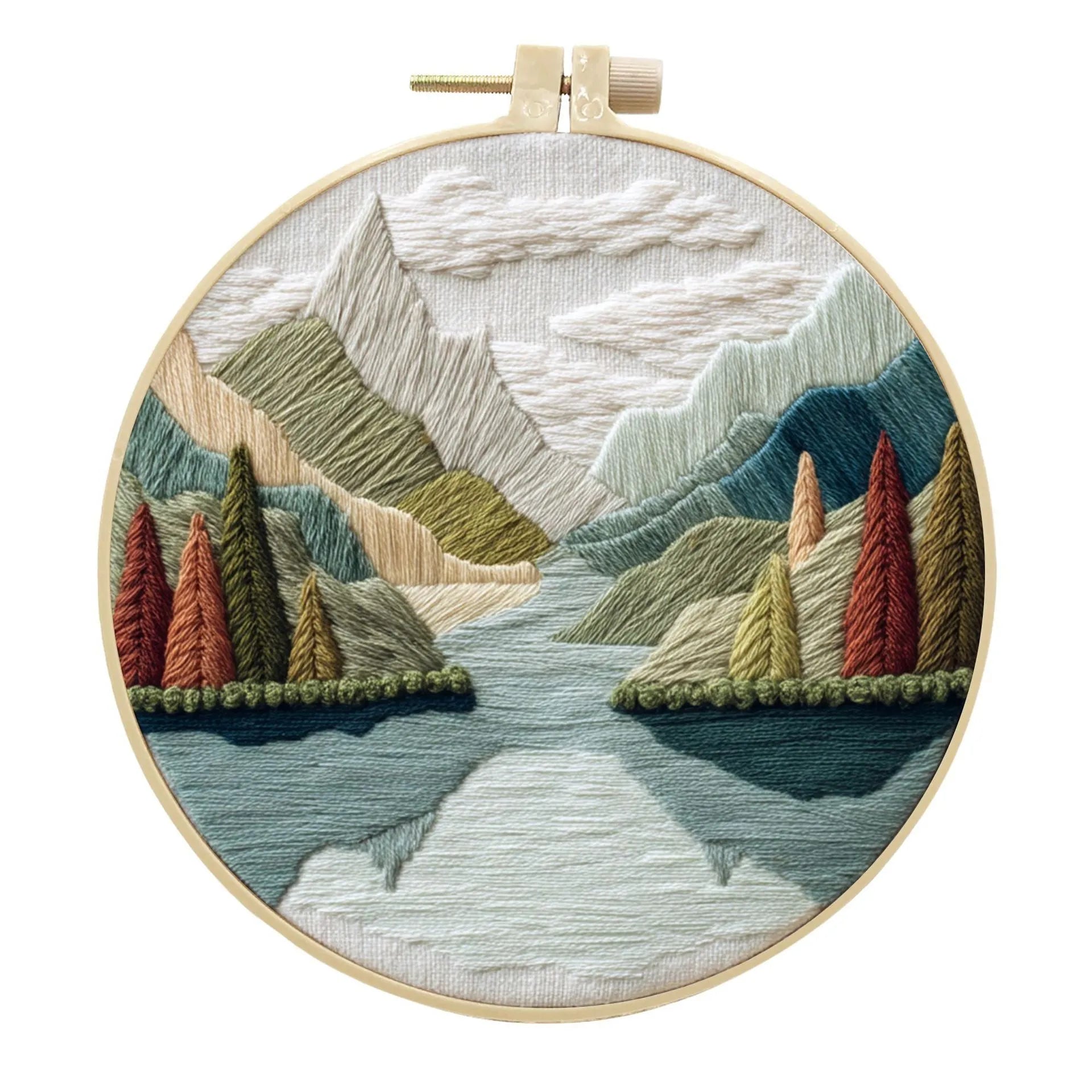 Embroidery DIY kit with landscape-printed cotton fabric, thread, needles, and a 15cm bamboo-style frame.