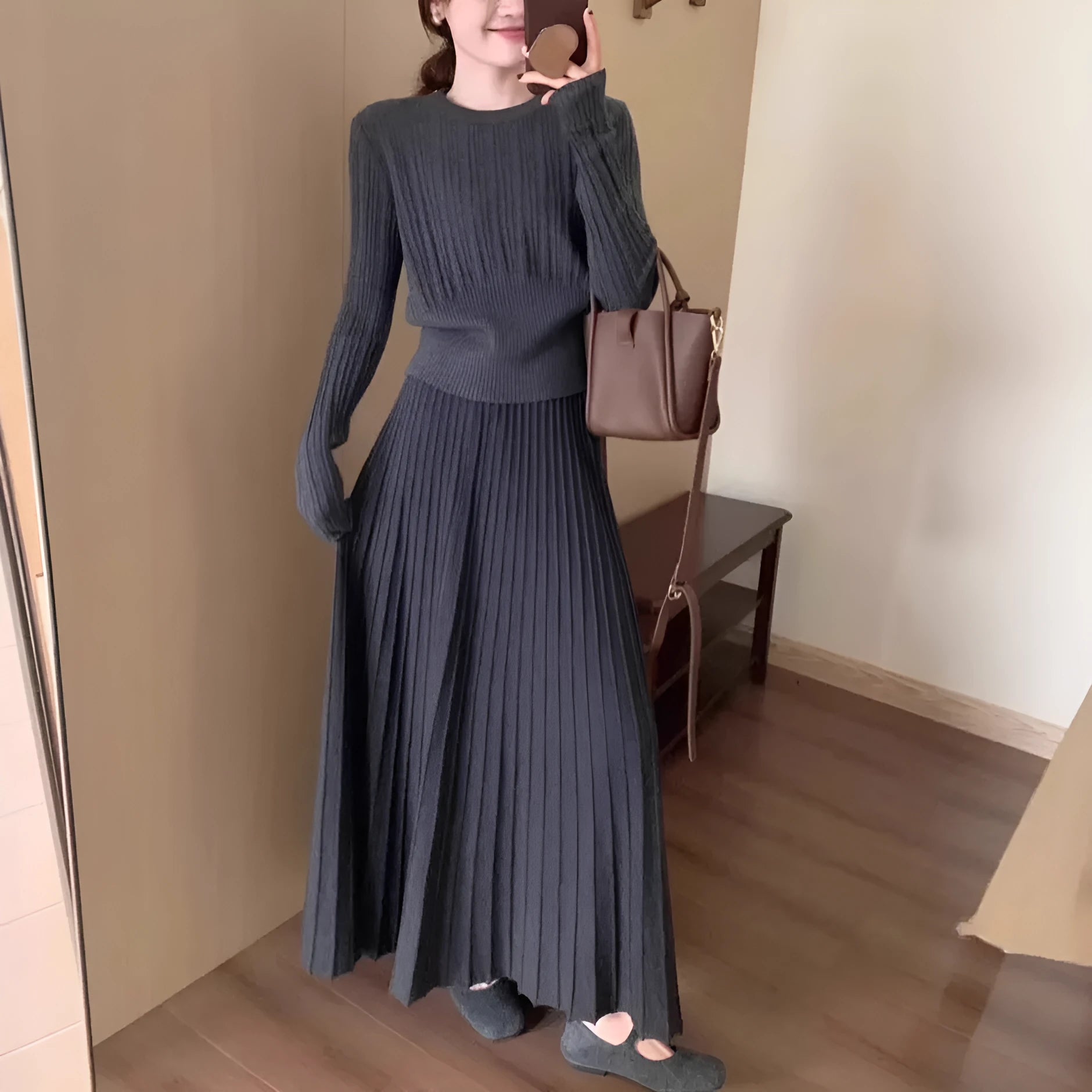Dark grey ethnic style knitted dress suit with 3D pattern, matching sweater and skirt, collage stitching detail